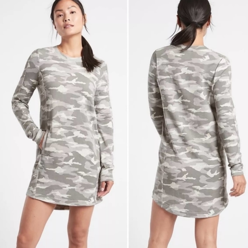 Athleta Gray Camo Print Long Sleeve Dress With Pockets - Picture 5 of 12
